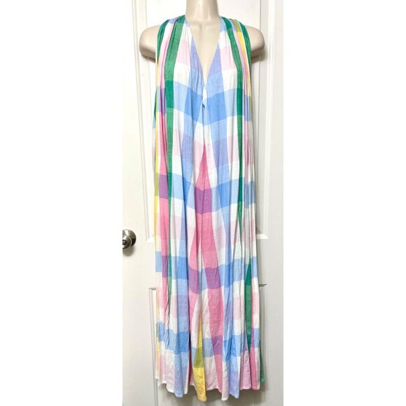 New Mille Marilyn Belted Sleeveless Cotton Midi Dress in Pastel Colors Plaid L - Picture 12 of 14